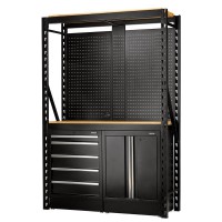 BUNKER 2 Tier Racking with Hardwood Shelving, Pegboards and Floor Cabinets, 1500mm - 27912